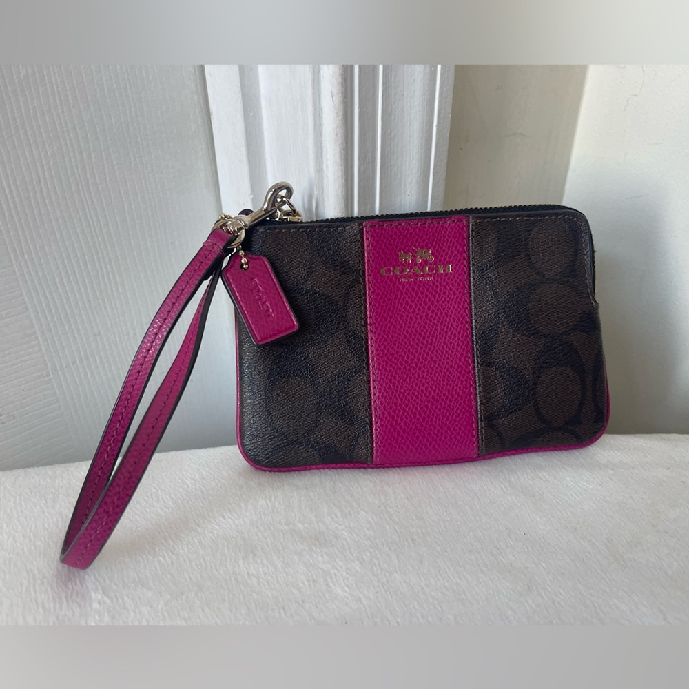 Coach Brown and Pink Signature Wristlet EUC